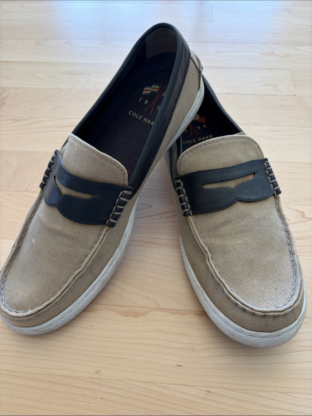 Cole Haan Tan Canvas with Navy Blue Weekender Loafers